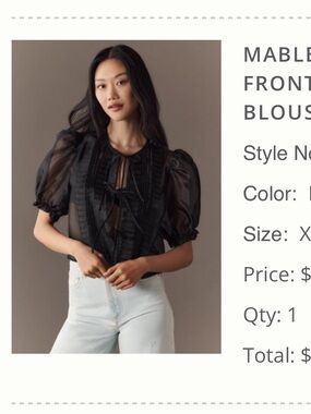 MARBLE Black Sheer Tie-Front Puff-Sleeve Blouse